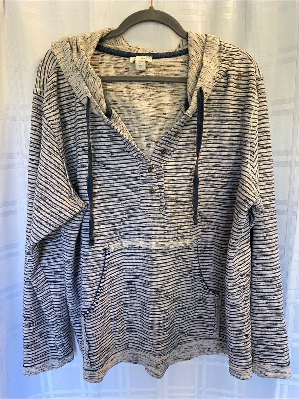 Sundance White Blue Gray Striped Hoodie Hooded Pullover Size XL Cotton Blend